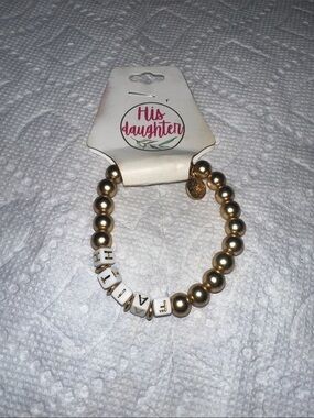 His Daughter Gold Beaded Stretch Bracelet with White Letter Beads